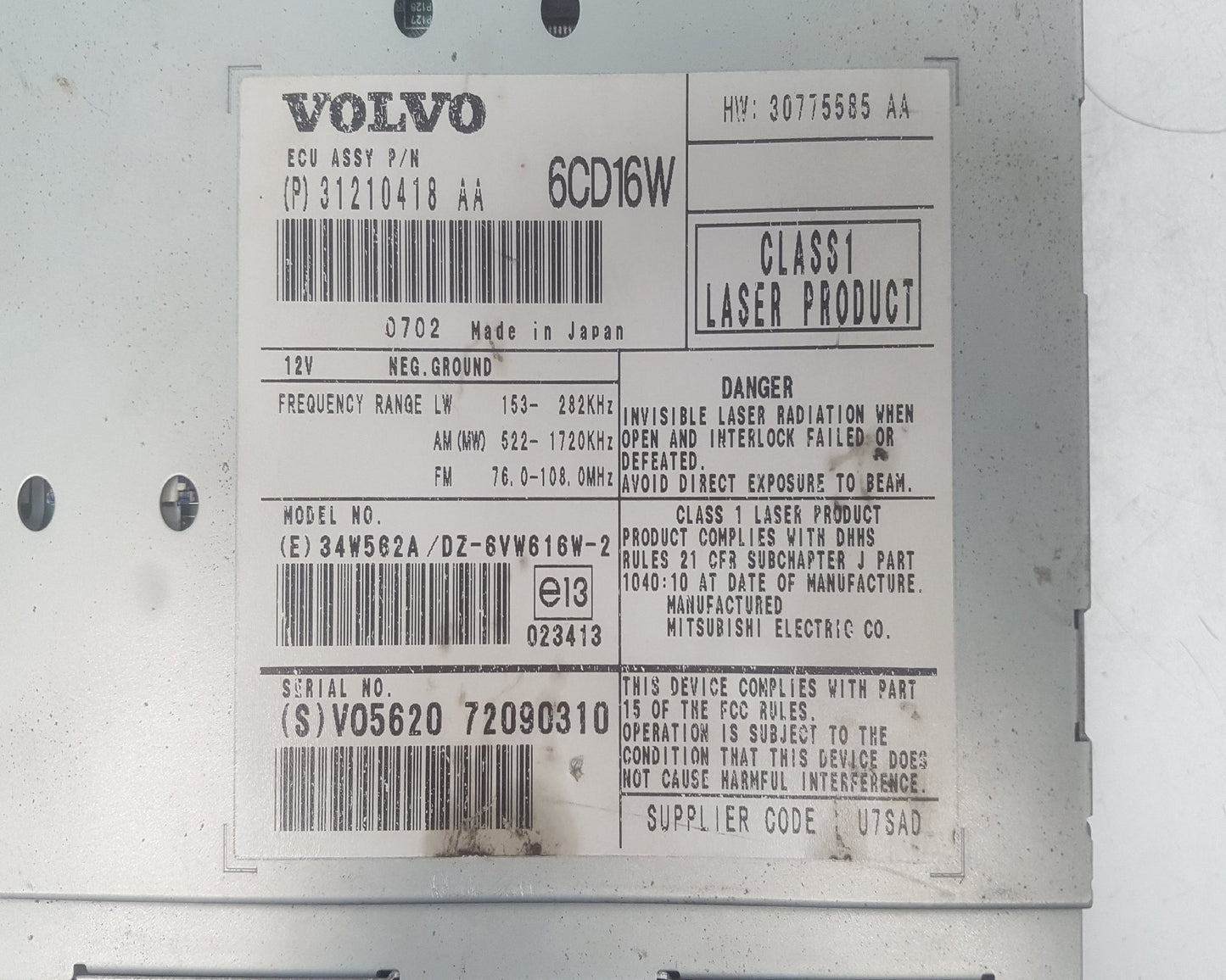 2007 Volvo C70  Convertible CD Player 31210418