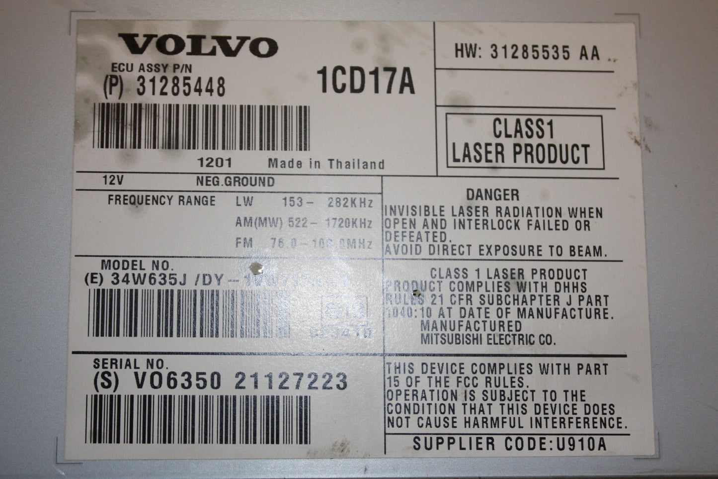 2005 - 2012 Volvo S40  Saloon CD Player 31285448